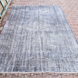 6.1x8.7, BLUE Turkish Faded Distressed Jeans Navy Blue Gray Area Rug, Wool on Cotton Foundation, Living Room Rug Handmade Art Deco Modern