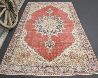 6'7x10'5 RED DECOR, Vintage Turkish Rug, Living Room Rug, Oversized Distressed Rug, Abstract Rug, Area Rug, Oushak Faded Wool Rug