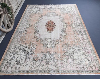 6.9x10.8 RUGS, Turkish Rug, Floral Orange Pastel Pink Vintage Handmade Rug, Oushak Orange Beige, Home Decor, Carpet, Alfombra, Rugs Oriental