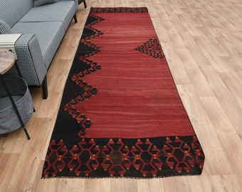 手織りトルコキリムランナーラグ：ブラウン、ブラック、ピンク（2'3x10