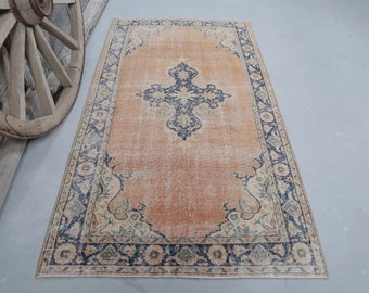 3.6x6.8 ORIENTALISCHER TEPPICH, Vintage, Türkischer Teppich, Oushak Teppich, Boho Teppich, Orange Blau Beige, Wohnkultur, Türkei Faded Teppiche, Orientteppich
