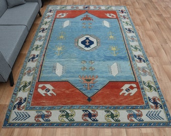 7.1x10.5 ft, HANDMADE RUG Anatolian Oushak Turkish Rug, Blue Beige Red Rug, Decor, Area Vintage Rug, Rugs Oversized Rug Traditional Modern