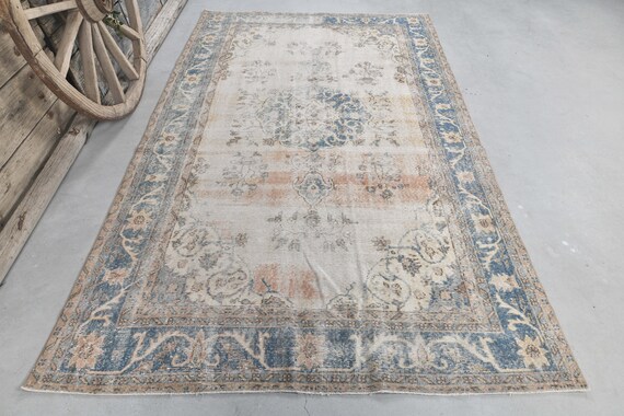 6x10 Turkish Rug, Beige Distressed Orange Vintage Area Rug, Wool on cotton, Natural Rug, Living room, Bedroom Boho Decor, Housewarming
