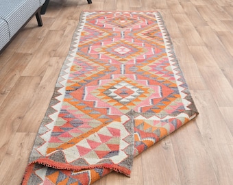 3x10.2, RUNNER RUG, Colorful Herki Runner, Turkish Runner Rug, Oushak Runner Rug, Pink Orange Runner Rug, Handmade Runner Rug, Oushak Rug