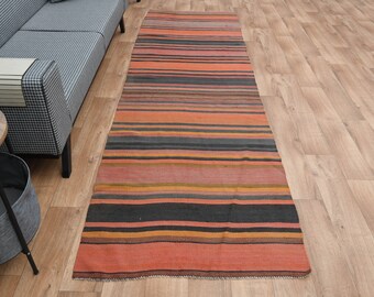3,2x10,5 piedi, Kilim Runner MINIMALISTA colorato, Runner turco a tessitura piatta, Kilim vintage, Runner Oushak per corridoio, Arcobaleno, Tappeto Kilim colorato