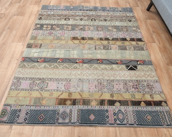 4'8x6'9, TURKISH VINTAGE RUG, Patchwork Entryway Rug, Vintage Rug, Modern, Oushak Bohemian Wool Patchwork Rug, Natural, Handmade, Decor Rug