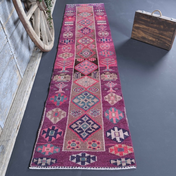 Alfombra turca de 2,6 x 11,2 pulgadas, color rosa y morado, de tejido plano, estilo vintage de lana kilim Oushak, en rojo, rosa y morado claro, con un vibrante colorido.