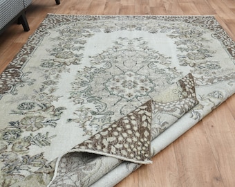 200x300 türkischer Vintage Teppich, Beige Grüner Distressed Oushak Teppich, Verblasstes Distressed Wohndekor, Wollteppich, Flächenteppich, Boho Teppich, 5'5x2'4ft