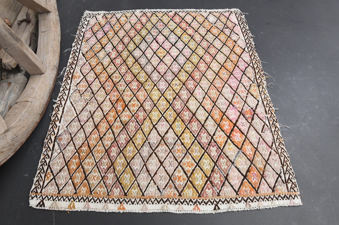 3x3 TURKISH RUG, DECORM Mat, Orange Pink Rug, Antique Decor, Area Rug ...