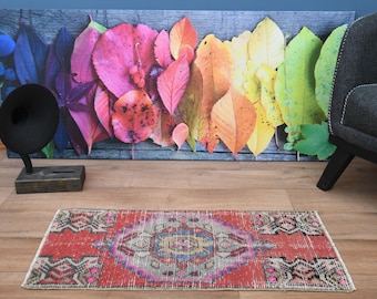 Tappeto turco vintage Oushak piccolo, tappeto rosa piccolo 1,3x2,8 piedi, tappeto in stile fattoria, tappeto in lana autentico, tappeto decorativo tribale anatolico