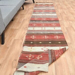 STAIR RUNNER RUG, Turkish Kilim Runner Rug, Oushak Vintage Distressed Rugs, 2&#39;8x12&#39;8 ft, Home Decor, Wool Turkey Background Pink Room Rugs