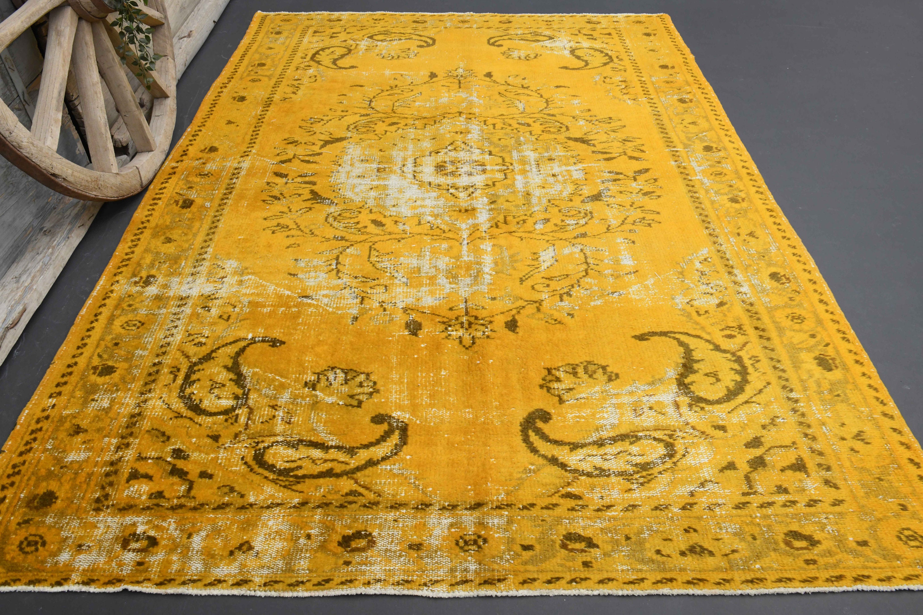 6x9 Vintage Rug, Oriental Yellow Orange Brown Area Rug, Large