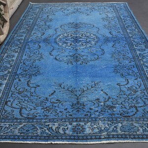 6.2x9.5 Turkish Vintage Rug, Blue Brown Area Rug, Wool Rug, Natural Floral Minimalist, Blue Decor, Faded Distressed Rug, Rug for Living Room