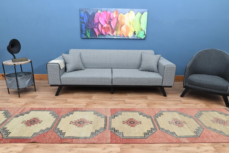 2'6x13'5 Ft, Coral Runner Rug, Wool Jute Accent Rug, Vintage Runner