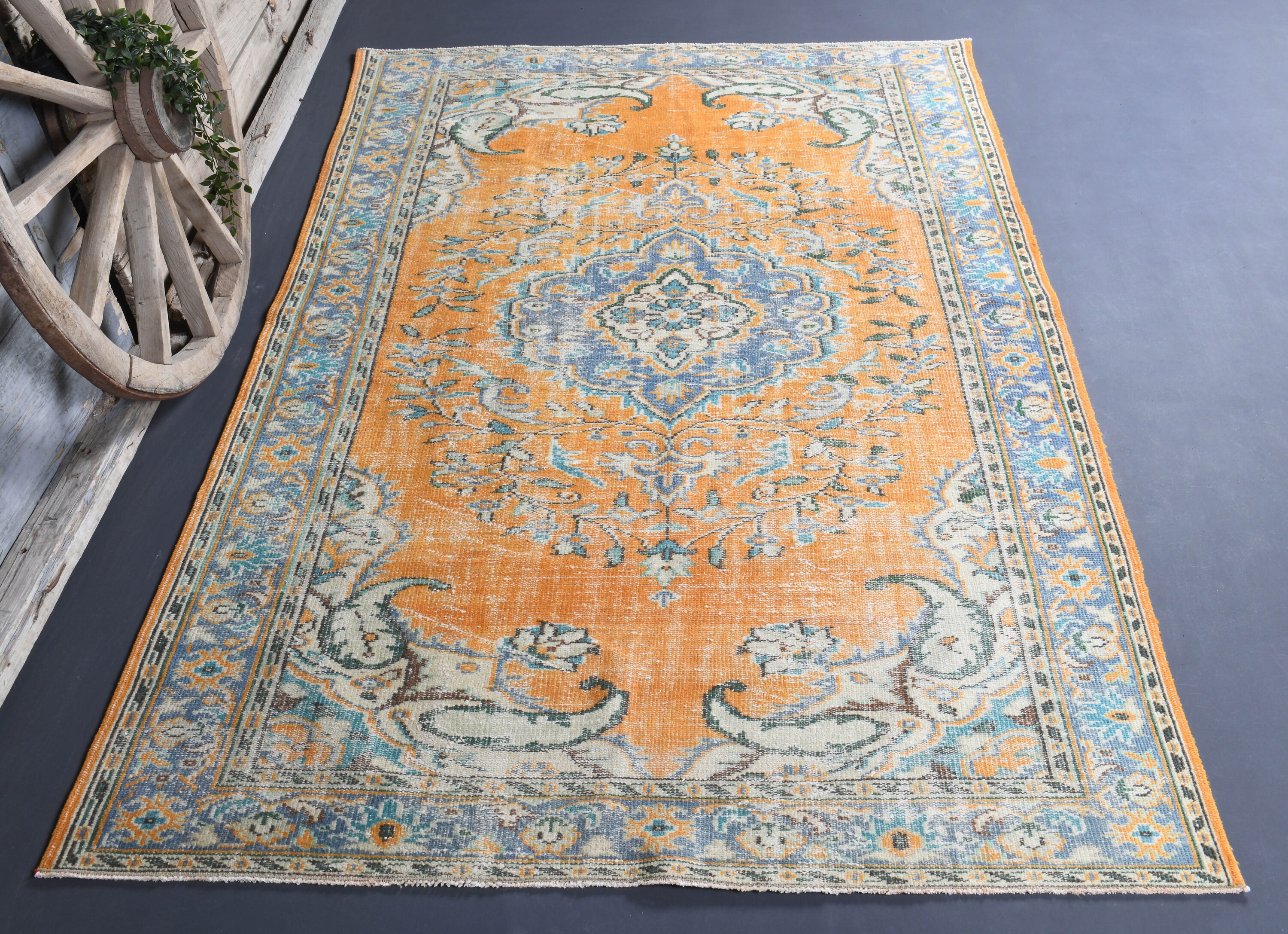 6.2x9.7 Turkish Vintage Area Rug, Oushak Rug, Orange Light Blue