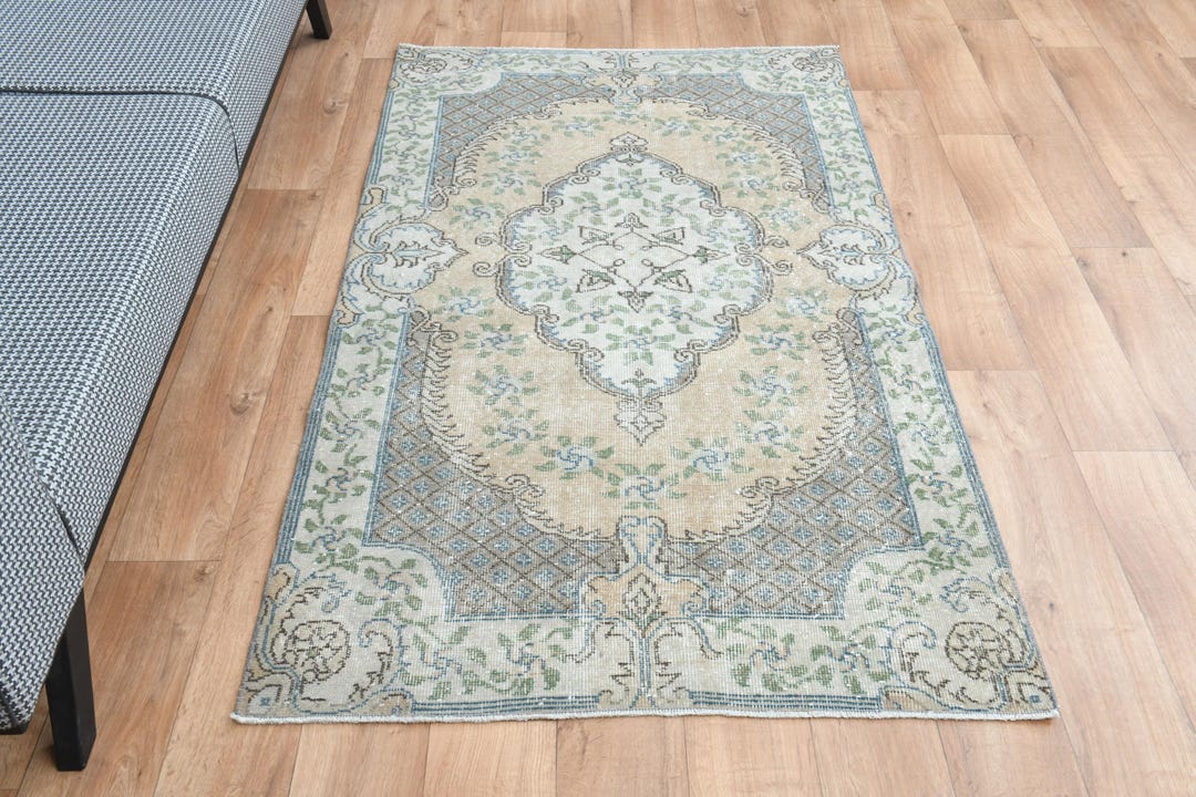 4x6 ヴィンテージ トルコ製ラグ、色あせたオレンジグリーンラグ