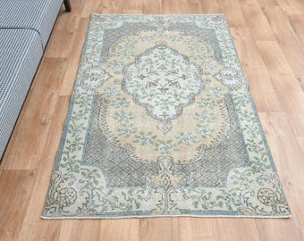 4x6 ヴィンテージ トルコ製ラグ、色あせたオレンジグリーンラグ