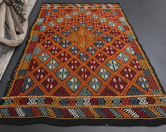 5'4x8'2 BUNTE ORANGE KINDERZIMMER Kelim Teppich, Türkischer Flachgewebe Baumwollteppich, Abwaschbarer Schlafzimmer Wohnzimmer Teppich, Teppich, Bunte Karoteppiche