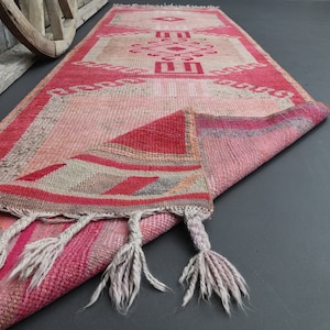 3.4x12.2, HOT PINK, Turkish Vintage Runner, Oushak Bohemian Wool Home Carpet, Faded Red Distressed Beige Rug, Kilim Motifs Antique Design