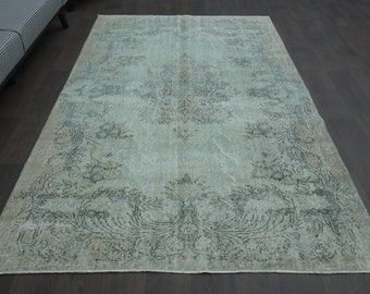 5.3x8.7 TURKISH Area RUG, Green Vintage Rug, Oushak Rug, Handmade Home Decor, Area Rug, Heritage Decor, Minimalist Floral Runner, Wool Rugs