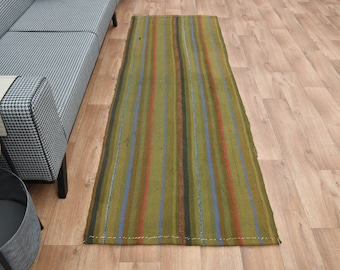 3.9x11.4, GREEN KILIM RUNNER, Turkish Runner, Decorative Vintage Runner, Wool, Handmade Rug, Oushak Boho, Striped Runner Rug, Colorful Kilim