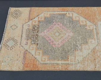 2.3x11.5 TURKISH Runner, Distressed Orange Pink Beige, OUSHAK VINTAGE Runner, Wool Handmade Rug, Turkish Rug, Hallway Runner Home Decor Rug