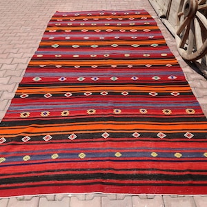 6.2x12.3, Flatweave Rug, Kilim Rug, Area Rug, Turkish Rug, Striped Runner Rug Kilim, Red Rug, Living Room Rug, red, Black stripe diamond