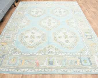 7'9x9'8, TURKISH VINTAGE RUG, Blue Pink Rug, Oversized Large Rug, Vintage Rug, Oushak Luxury Rug, Wool Modern Rug, Natural, Handmade, Decors