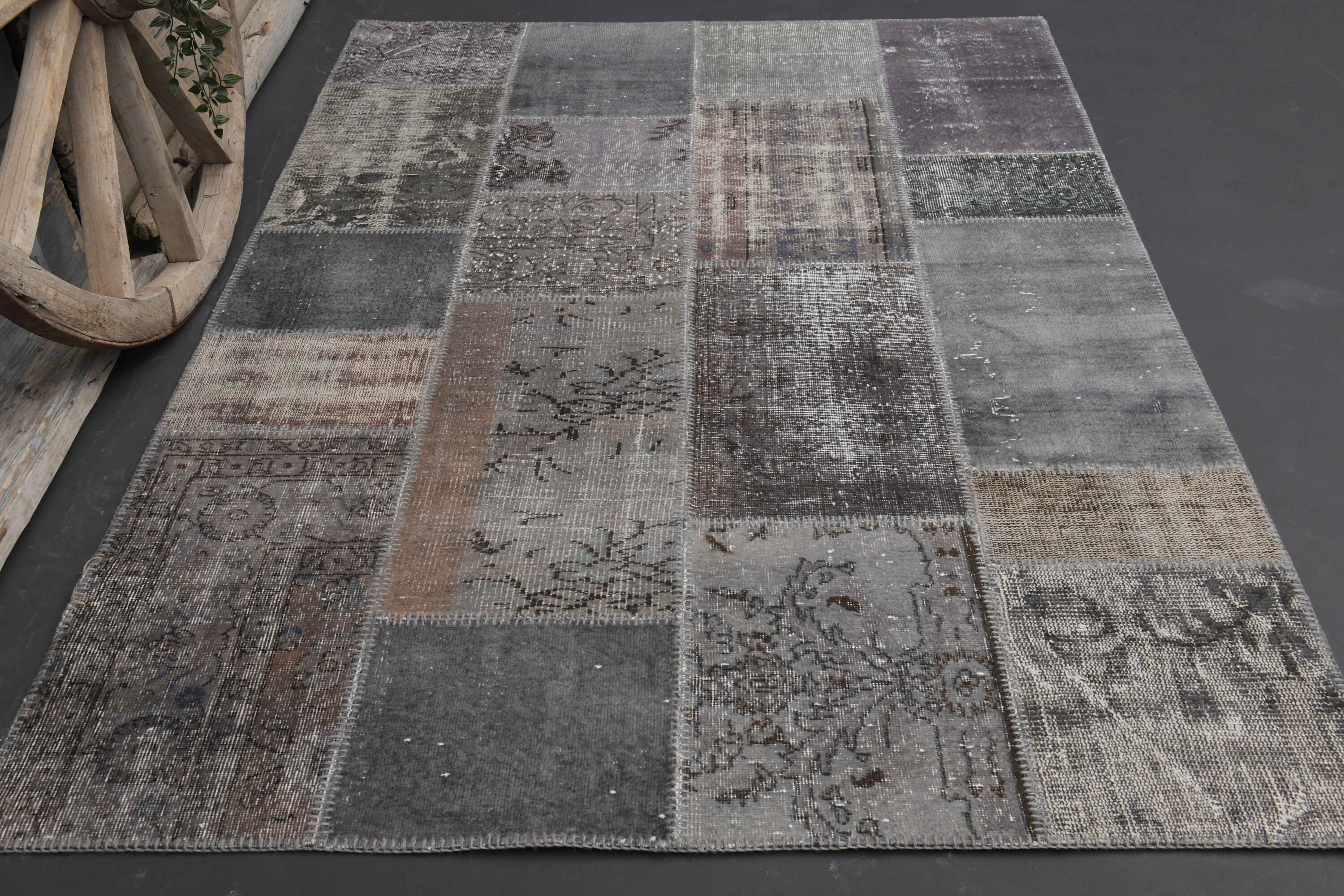 5x8 Vintage Turkish Patchwork Rug, Gray Beige Brown Distressed