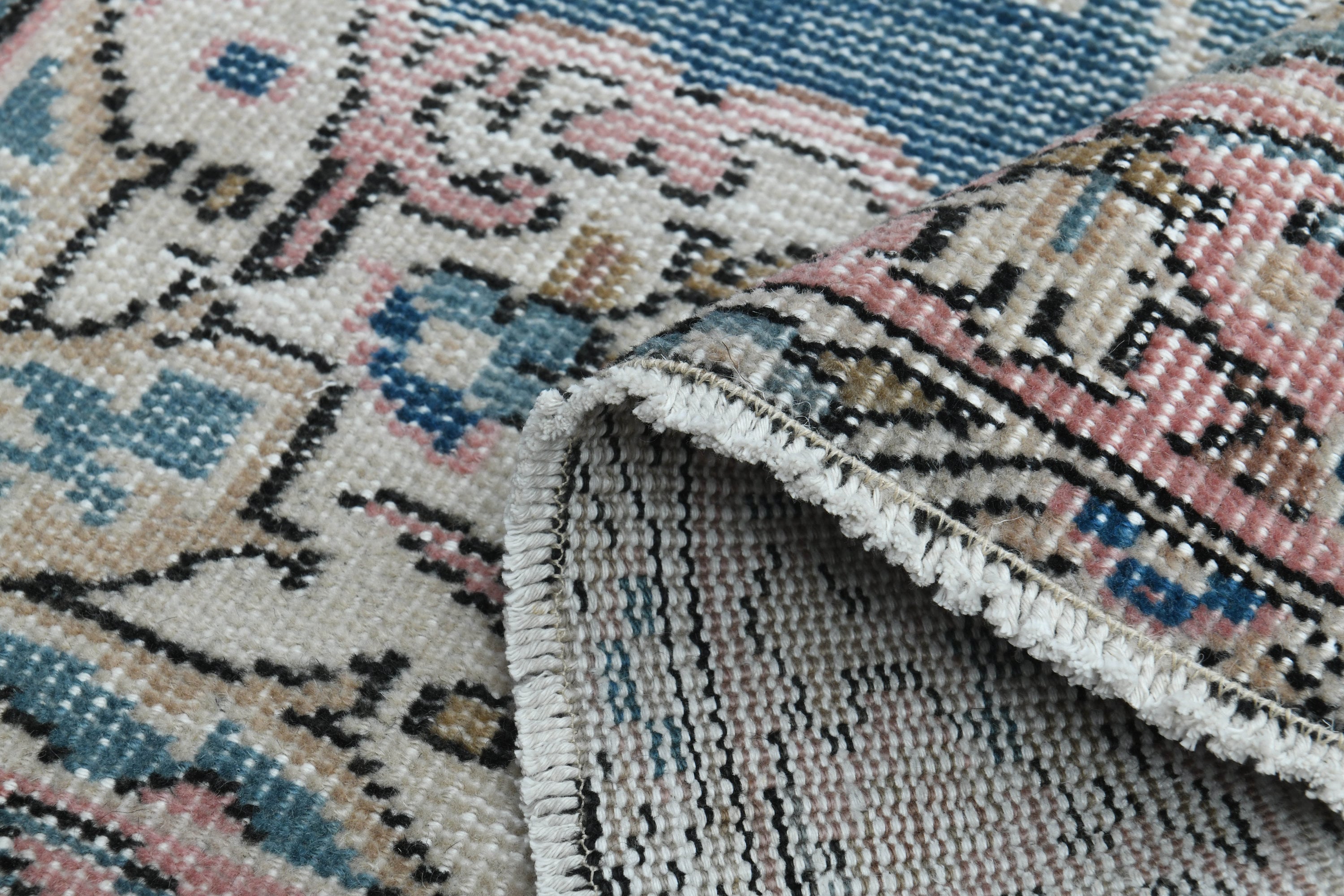 3.6 x 6.4フィート、トルコ製ヴィンテージラグ、ブルーピンク