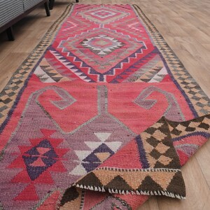3&#39;4x11&#39;7 ft, ANTIQUE RUG RUNNER, Turkish Runner, Pink Tribal Decor, Vintage Runner, Wool Oushak Runner, Handwoven Runner, Low Pile. 3x12