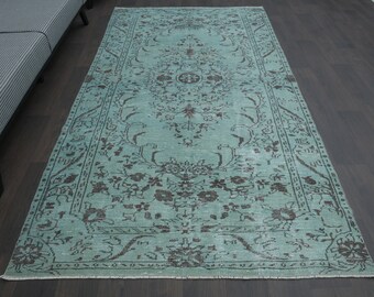 5.1x9.2 TURKISH Area RUG, Green Vintage Rug, Oushak Rug, Handmade Home Decor, Area Rug, Heritage Decor, Minimalist Floral Runner, Wool Rugs
