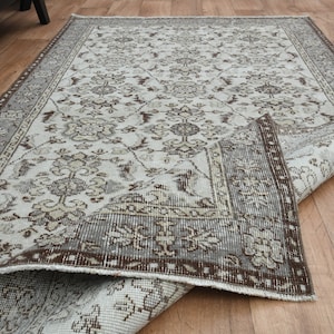 3.8x6.9, TURKISH VINTAGE RUG, Beige Brown Rug, Oushak Rug, Floral Area Rug, Wool, Room Decor, Living Room Rug, Handmade Distressed Faded Rug