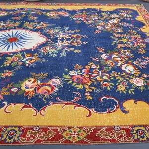 9.4x14.7 TURKISH RUG, Vintage Oushak Area Rug, Room Decor, Rugs, Wool rug, Farmhouse Decor, Blue, Oriental, Floral, Modern, Distressed Light image 3