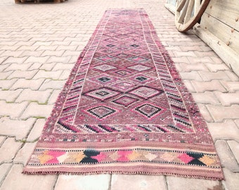 2.6x12.8, TURKISH Runner, Pink Purple OUSHAK VINTAGE Runner, Wool, Runner Rug, Turkish Rug, Hallway Runner, Home Decor, Pink-Purple