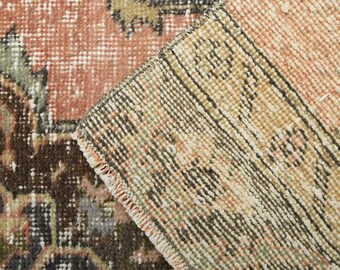 2x12.4, Hallway Turkish Runner, Orange Green Distressed Geometric, Vintage Runner, Wool, Handmade, Oushak Bohemian, Long Runner Floral Rug