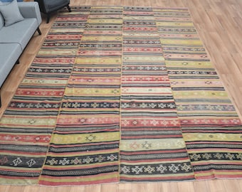 10'9x14'3 PATCHWORK MINIMALIST TEPPICH, Vintage Türkischer Teppich, Küchenteppich, Oushak Teppich, Handgefertigter Teppich, Wollteppich, Wollteppich