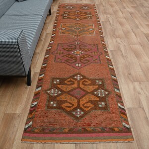 3x11 ft, Turkish Salmon Wool Vintage Runner, Decor Runner, Geometric Hallway Bohemian Runner, Oushak Rug, Faded Geometric Handmade Runners