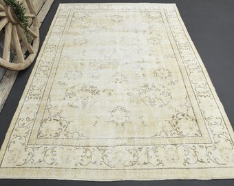 6.9x10 Turkish Vintage Rug, Beige Brown Faded Decor, Natural Beige Ivory Oushak Floral Neutral Area Rug, Farmhouse Decor, Tropic Floral Rug