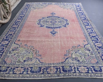 7.5x10.7 VINTAGE TURKISH Rug, Pastel Pink Distressed Blue