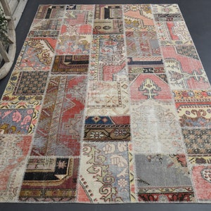 1,90x2,73m, TURKISK VINTAGEMATTA, Lapptäcksmatta, Vintagematta, Modern, Oushak Boho Ulllapptäcksmatta, Naturlig, Handgjord, Lantlig Inredningsmatta