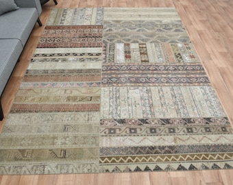 8.1x10.8 ft, Patchwork Area Rug, Patch Rug, Vintage Rug, Modern, Art, Oushak Bohemian Wool Turkish Rug, Natural Handmade Rug, Farmhouse Rug