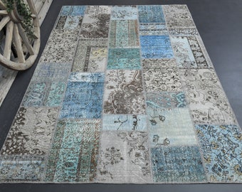 Blue Patchwork Rug 6'6x10'2 ft, Handmade Vintage Turkish Carpet, Large Distressed Area Rug, Bohemian Overdyed Wool Rug for Living Room