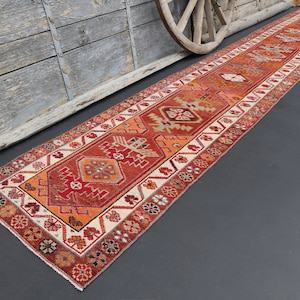 3x15 Runner, Red, Orange Oushak Runner Rug, Aesthetic Vintage Tribal Runner Rug, Wool Rug, Floor Decor, Boho Geometric Luxury, Etsy Rug, Rug