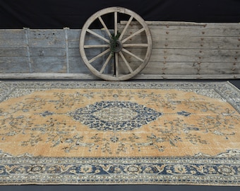 8.6x12.4 TURKISH RUG, Orange Blue Oushak Vintage Wool Bohemian Rug, Low Pile Neutral Floral Carpet, Luxury Rugs, Boho Decor, Handmade, Rugs