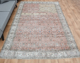 7.1x10.5 ft, PINK TURKISH RUG, Suffe Art, Faded Floral Wool on Cotton foundation, Handmade Oushak Carpet, Extra Large Living and Dining room