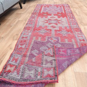 2.9x9.5 Pink Turkish Runner Vintage Bohemian Oushak Runner, Home Decor, Patterned Wool Rug, Herki Kitchen Hallway Rug, Herki Geometric Rug