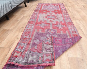 2.9x9.5 Pink Turkish Runner Vintage Bohemian Oushak Runner, Home Decor, Patterned Wool Rug, Herki Kitchen Hallway Rug, Herki Geometric Rug