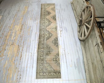 2.3x12.5, Vintage Turkish Orange Oushak Runner, Narrow Runner Rug, Home Decor, Rugs, Rug Runner, Boho Rug, Floral Rug, Faded Beige Tones
