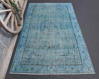 Tappeto turco effetto invecchiato 5,7x9, tappeto vintage blu grigio, tappeto Oushak, tappeto per interni, arredamento rustico, blu navy, tappeto in lana, pavimento per la casa